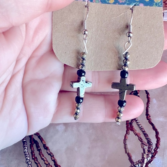Bronze Neutral Hematite Cross Jewelry Set - Picture 9 of 11